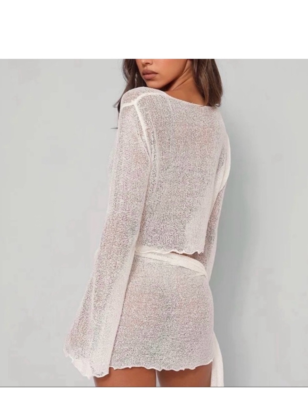 Sheer Knit Long-Sleeve Crop Top in White
